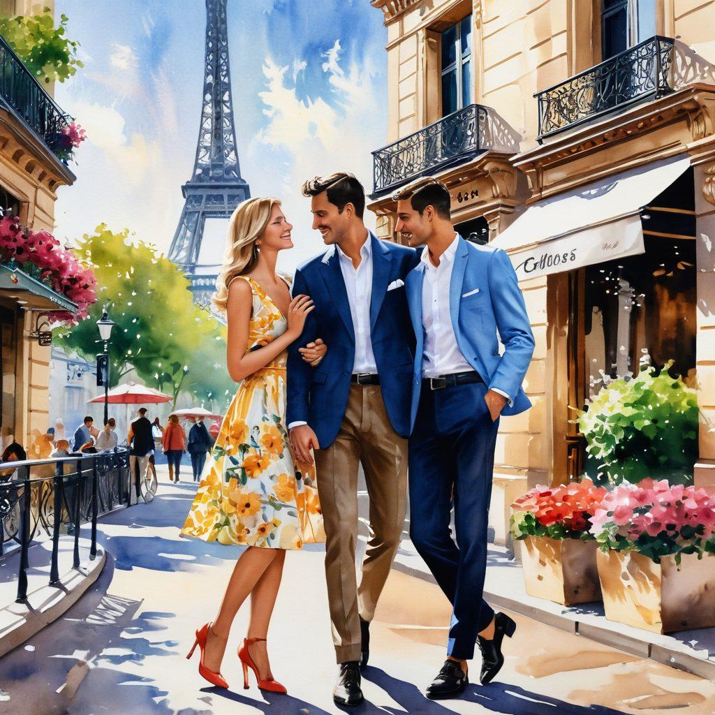A chic Parisian street scene featuring a stylish couple engaging in playful flirtation, surrounded by elegant cafés and fashion boutiques. The backdrop showcases the Eiffel Tower, blooming flower boxes, and vibrant Parisian architecture. The couple wears trendy outfits that blend classic and modern French fashion. Sunlight casts a warm glow, adding to the romantic atmosphere. watercolor painting. vibrant colors.