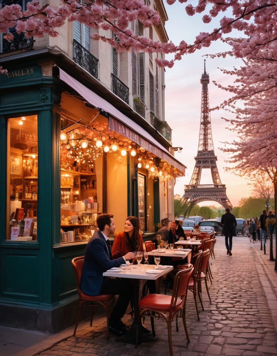 A charming Parisian street scene at sunset, showcasing a couple enjoying a romantic dinner at a quaint café with twinkling fairy lights. Iconic landmarks like the Eiffel Tower are faintly visible in the background, surrounded by blooming cherry blossom trees. The scene should radiate warmth and love, capturing the essence of romance in Paris. soft-focus. super-realistic. vibrant colors.