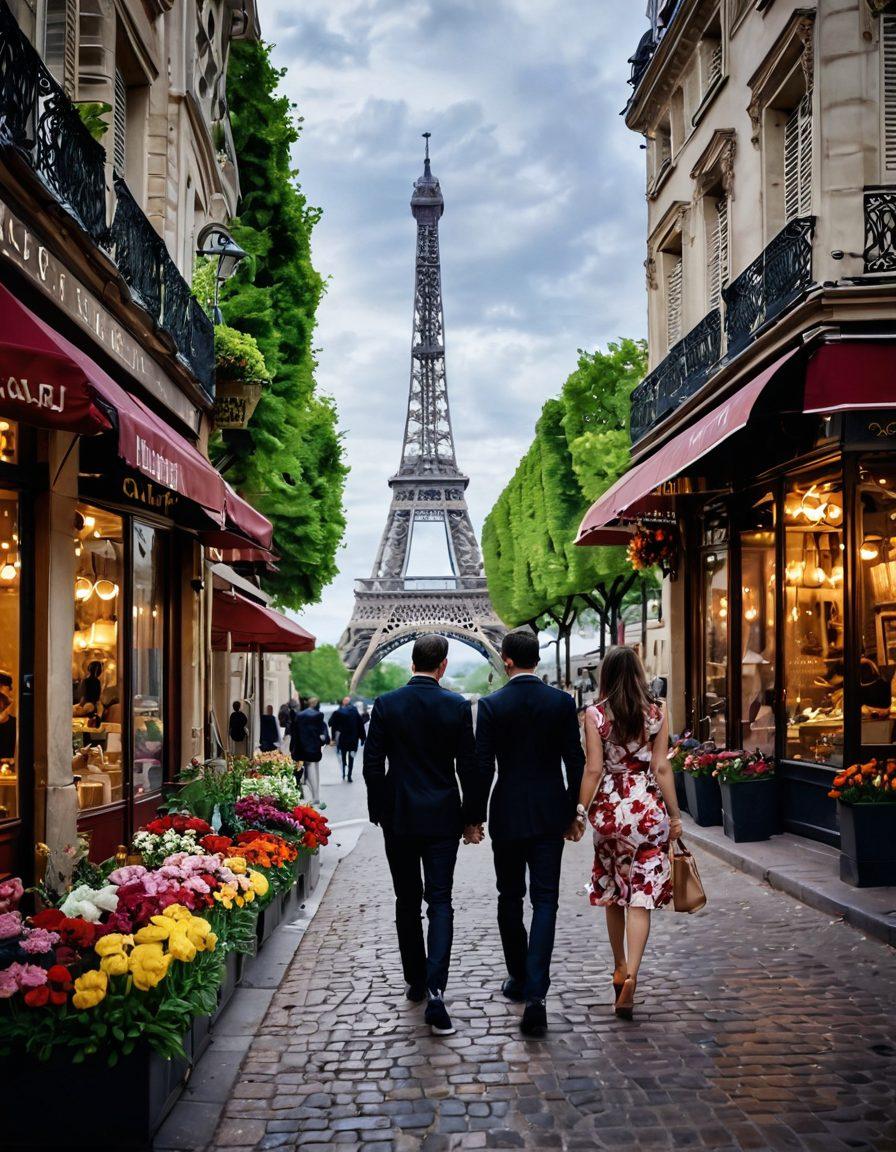A beautiful Parisian street scene featuring a stylish couple dressed in high-fashion couture, walking hand-in-hand past iconic landmarks like the Eiffel Tower and charming cafes. Surround them with vibrant floral displays, romantic lampposts casting a soft glow, and locals enjoying art in a lively square. Capture the essence of romance and culture in the heart of Paris. surrealistic. vibrant colors. soft focus.